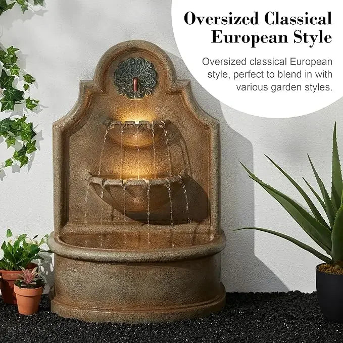 40 Inch Tall Oversized Sculpture Waterfall Fountain with LED Lights Submersible Pump for Garden Terrace Outdoor Use