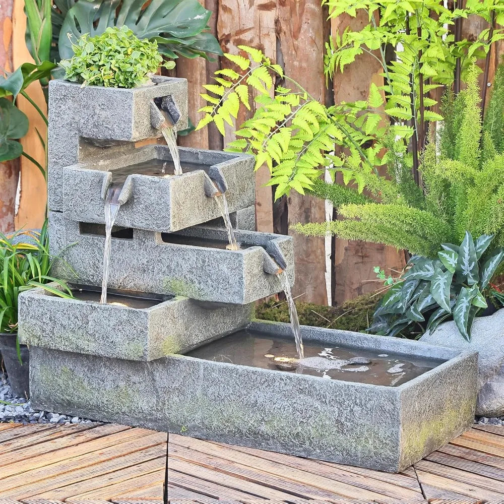 Tiered Water Fountain Outdoor Garden Freestanding Cascade Fountain Modern Concrete Artistry with LED Light