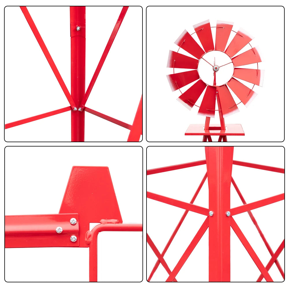 8FT Weather Resistant Red Yard Garden Windmill Decor
