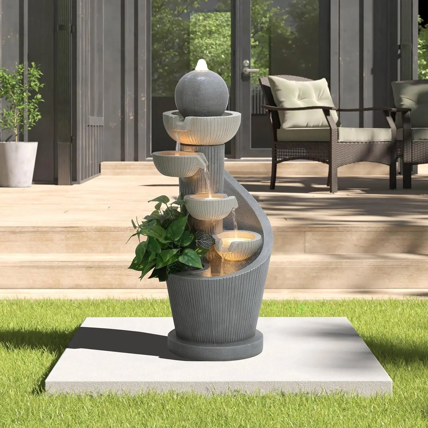 Resin Cascading Spiral Outdoor Patio Garden Fountain with Lights for Backyard Deck and Lawn