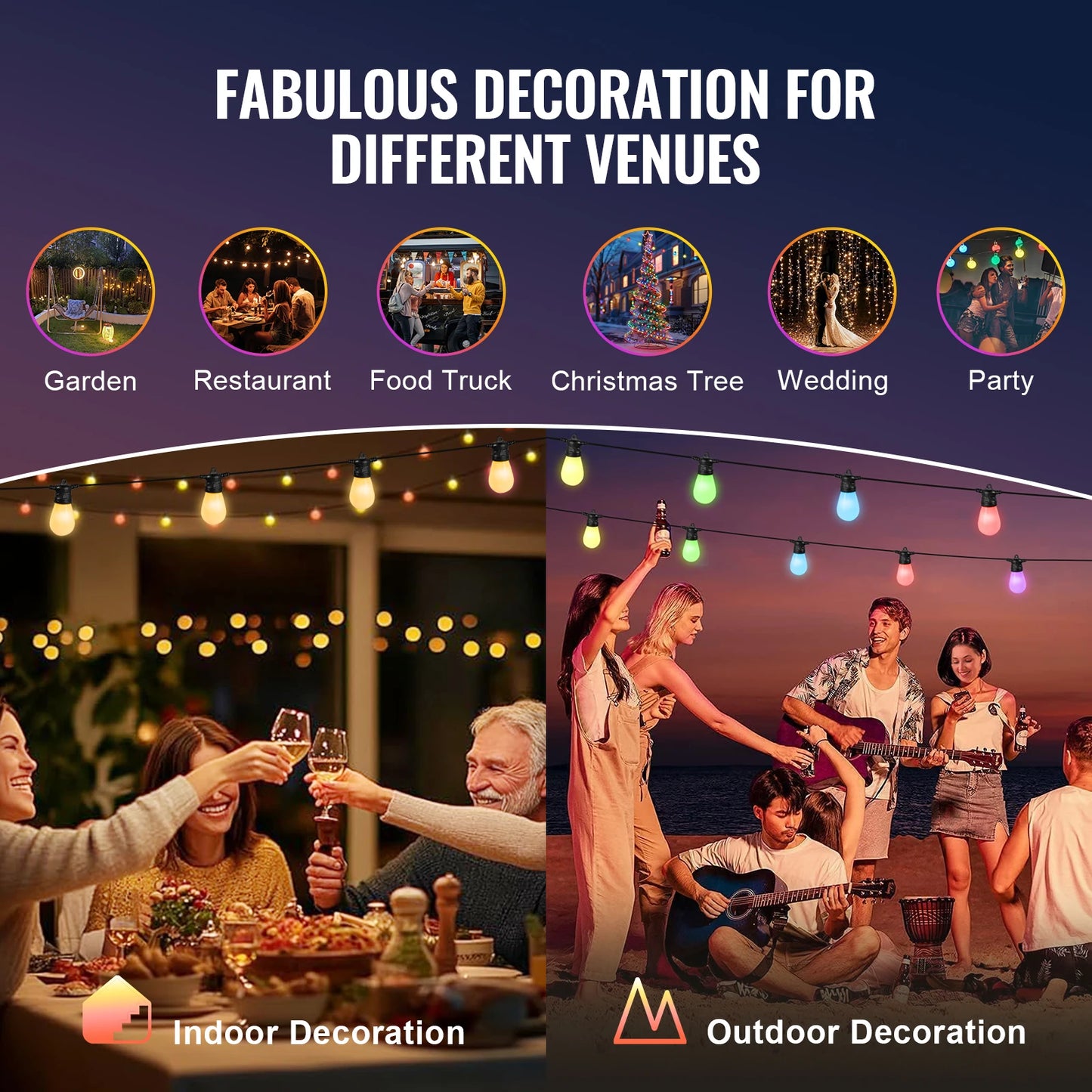 VEVOR RGB Outdoor String Lights with App Control 15 Adjustable Brightness Waterproof Hanging Lights