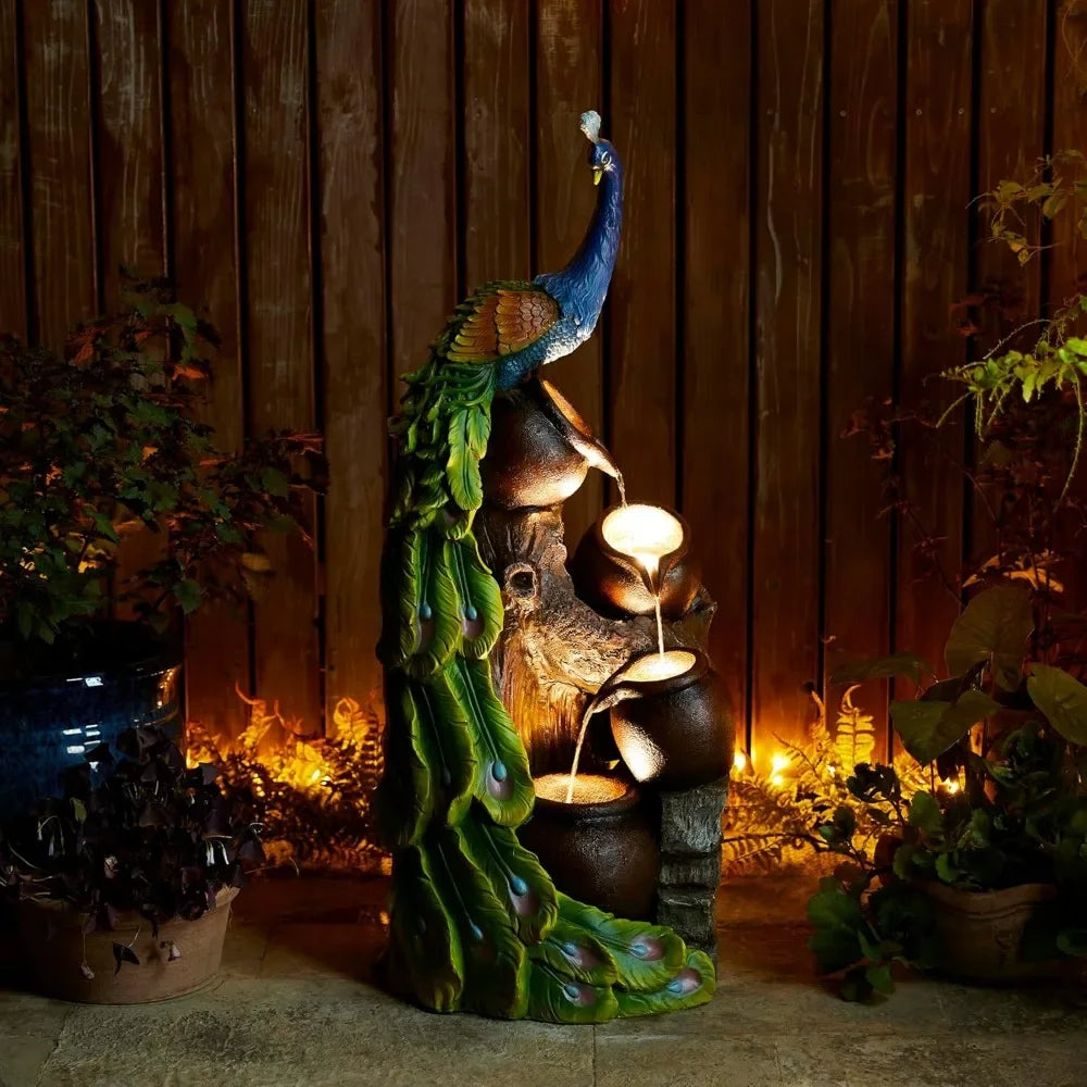 40 Inch Tall Oversized Sculpture Waterfall Fountain with LED Lights Submersible Pump for Garden Terrace Outdoor Use