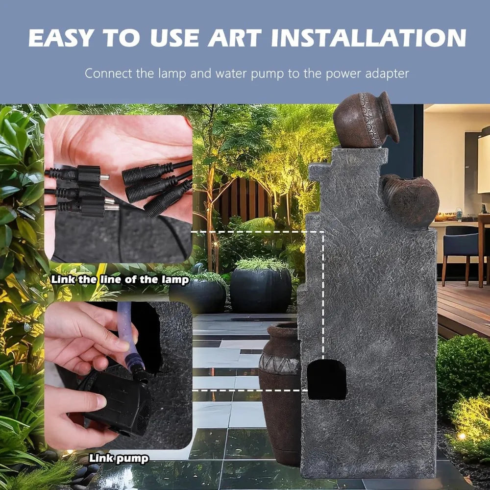 39.3 Inch Tall Outdoor Water Fountain Garden Waterfalls with LED Lights 6 Tier Modern Indoor Outdoor Floor Standing Design
