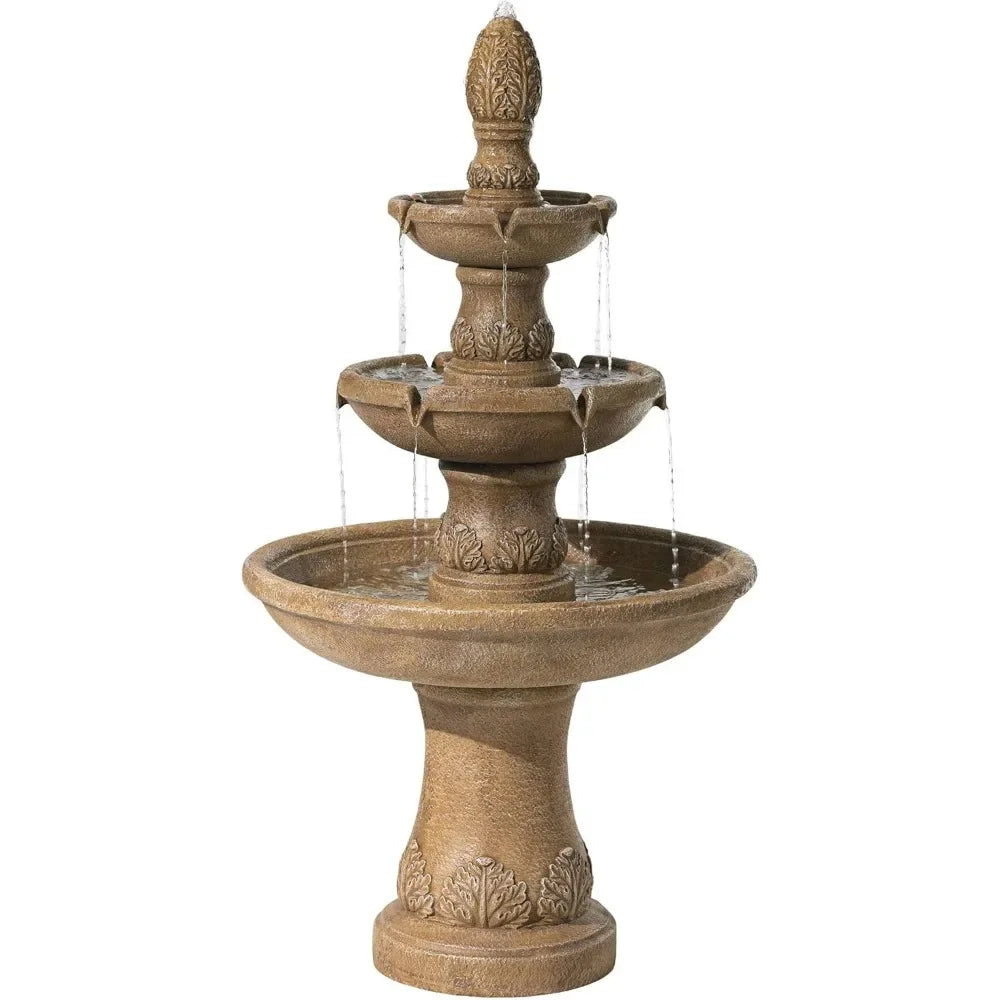 Italian Outdoor Floor Bubbler Fountain with Three Tiered Basins 57 Inches High for Garden Patio Backyard Deck Home Lawn