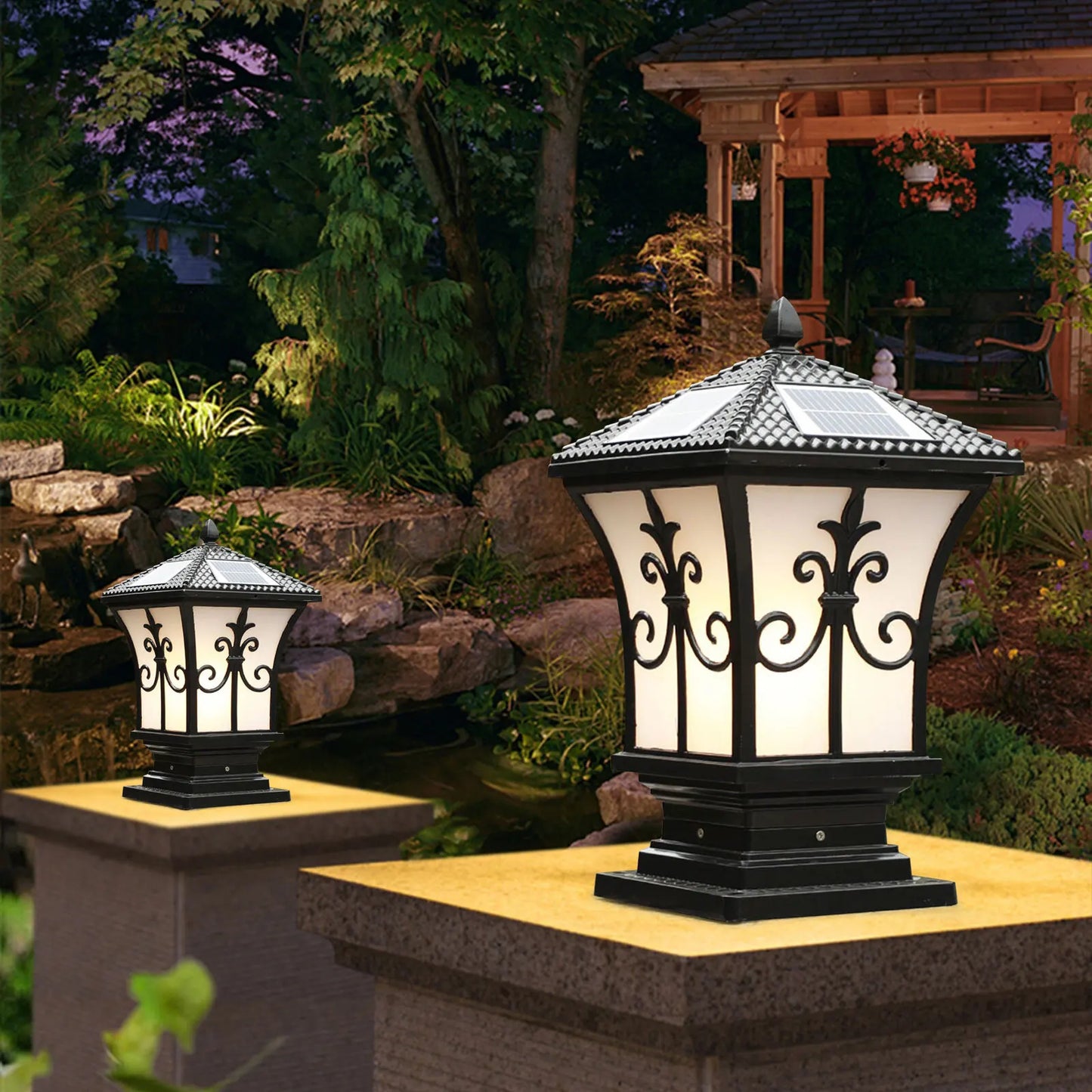 Solar Powered LED Post Light Black Waterproof Garden Lantern Outdoor Aluminum Pillar Lamp