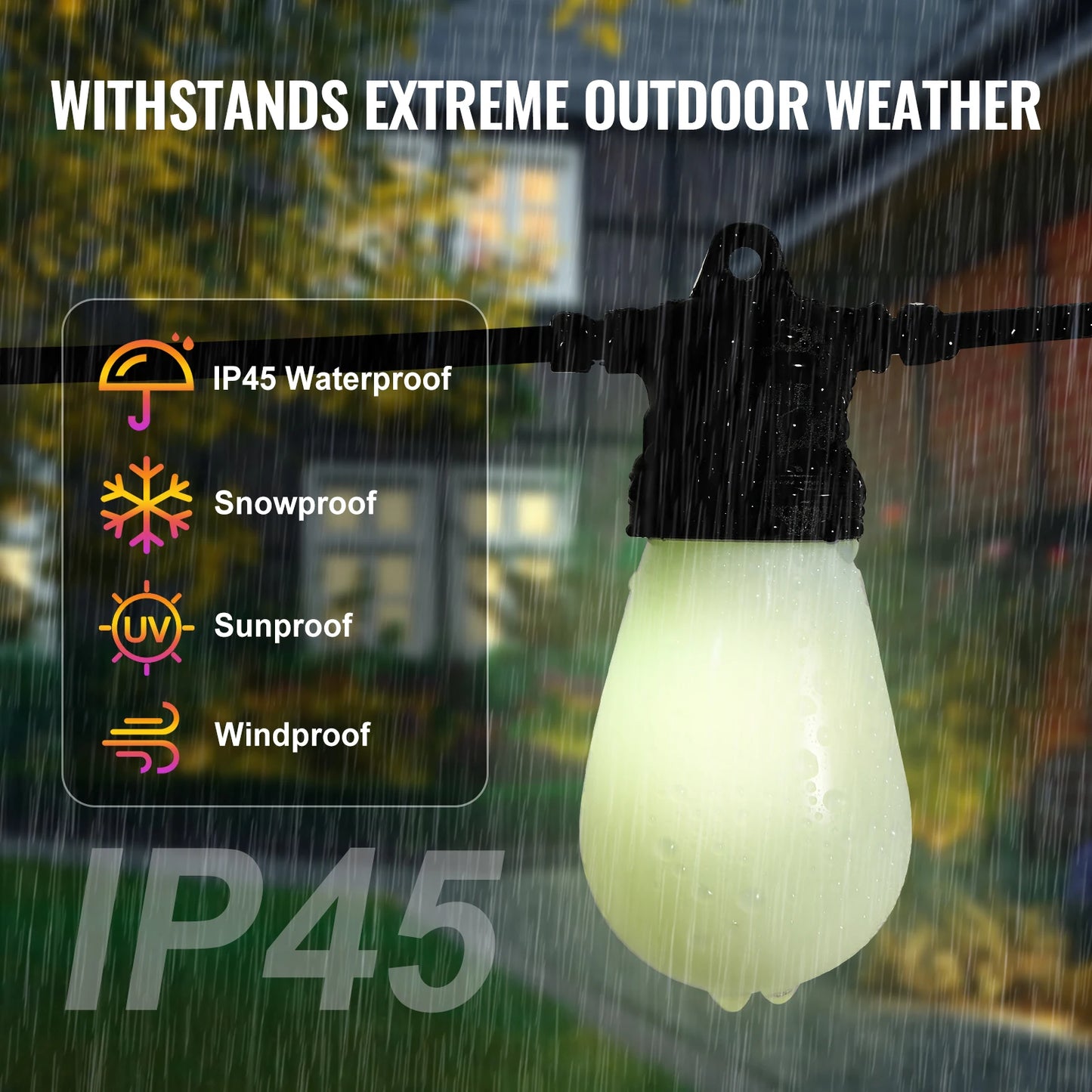 VEVOR RGB Outdoor String Lights with App Control 15 Adjustable Brightness Waterproof Hanging Lights