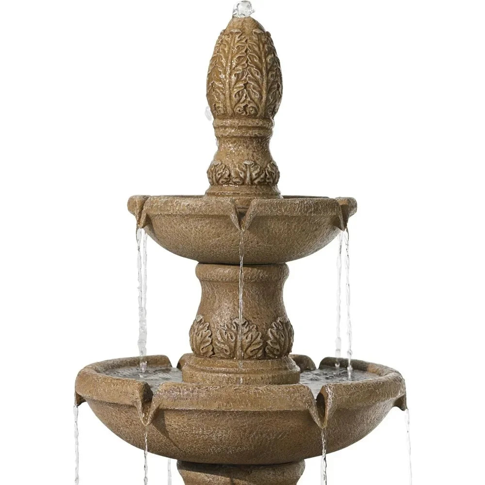 Italian Outdoor Floor Bubbler Fountain with Three Tiered Basins 57 Inches High for Garden Patio Backyard Deck Home Lawn