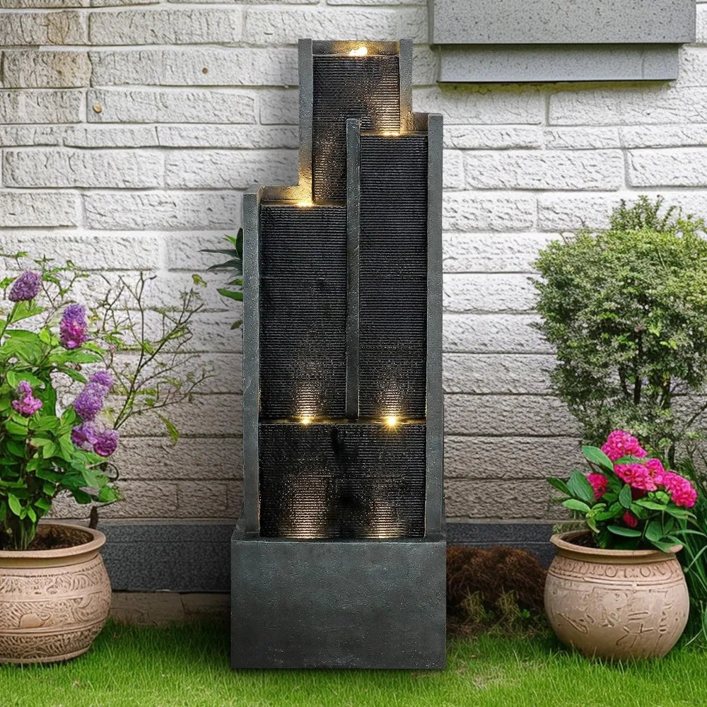 Tier Modern Cascading Indoor Outdoor Fountain with LED Lights - Large Water Fountain for Garden Patio and Yard