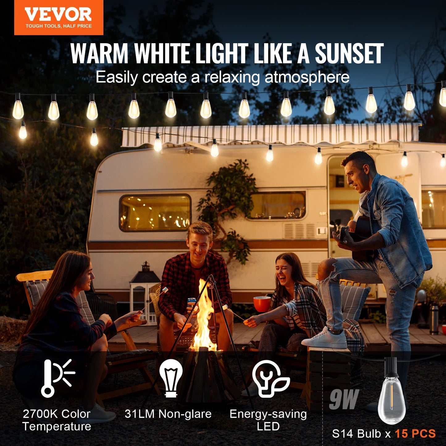 VEVOR LED Outdoor String Lights Dimmable 2700K Waterproof Hanging Lights for Patio Porch Backyard Garden Balcony