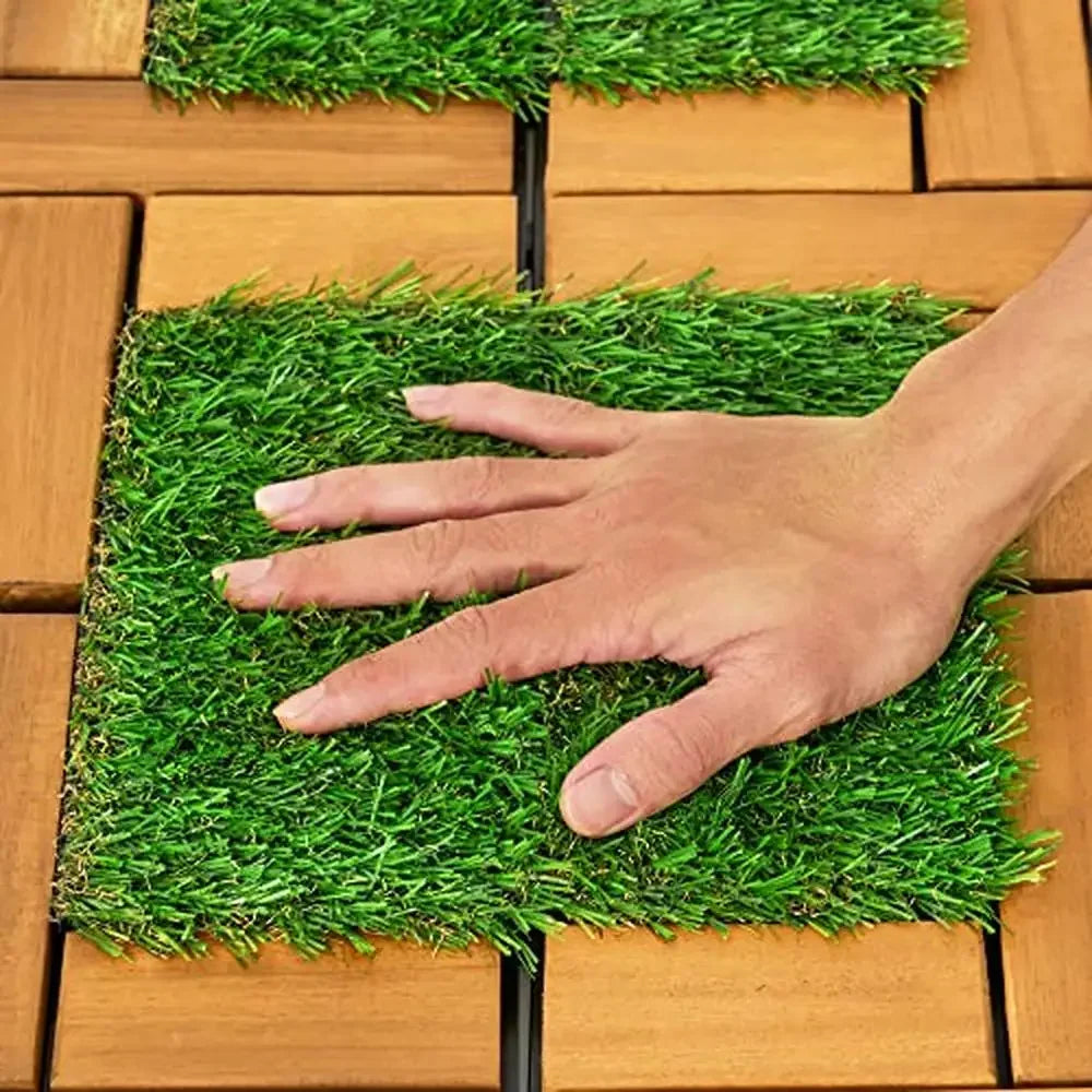 12 Inch by 12 Inch Artificial Grass Tiles Acacia Wood Deck Home Patio Kitchen Outdoor Garden Decor Set of 9 Tiles Natural Feel Soft