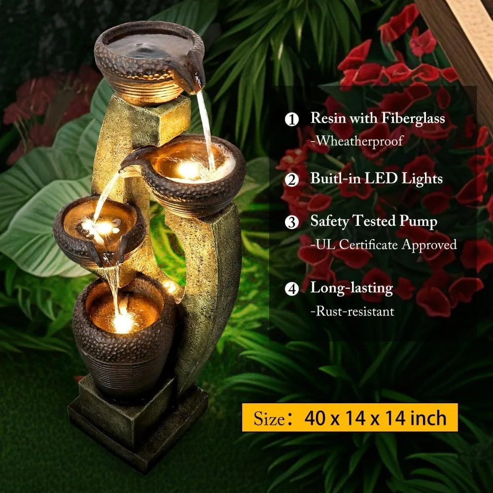 40 Inch Modern Outdoor Fountain with Four Crocks Contemporary Design for Garden Patio Deck and Porch