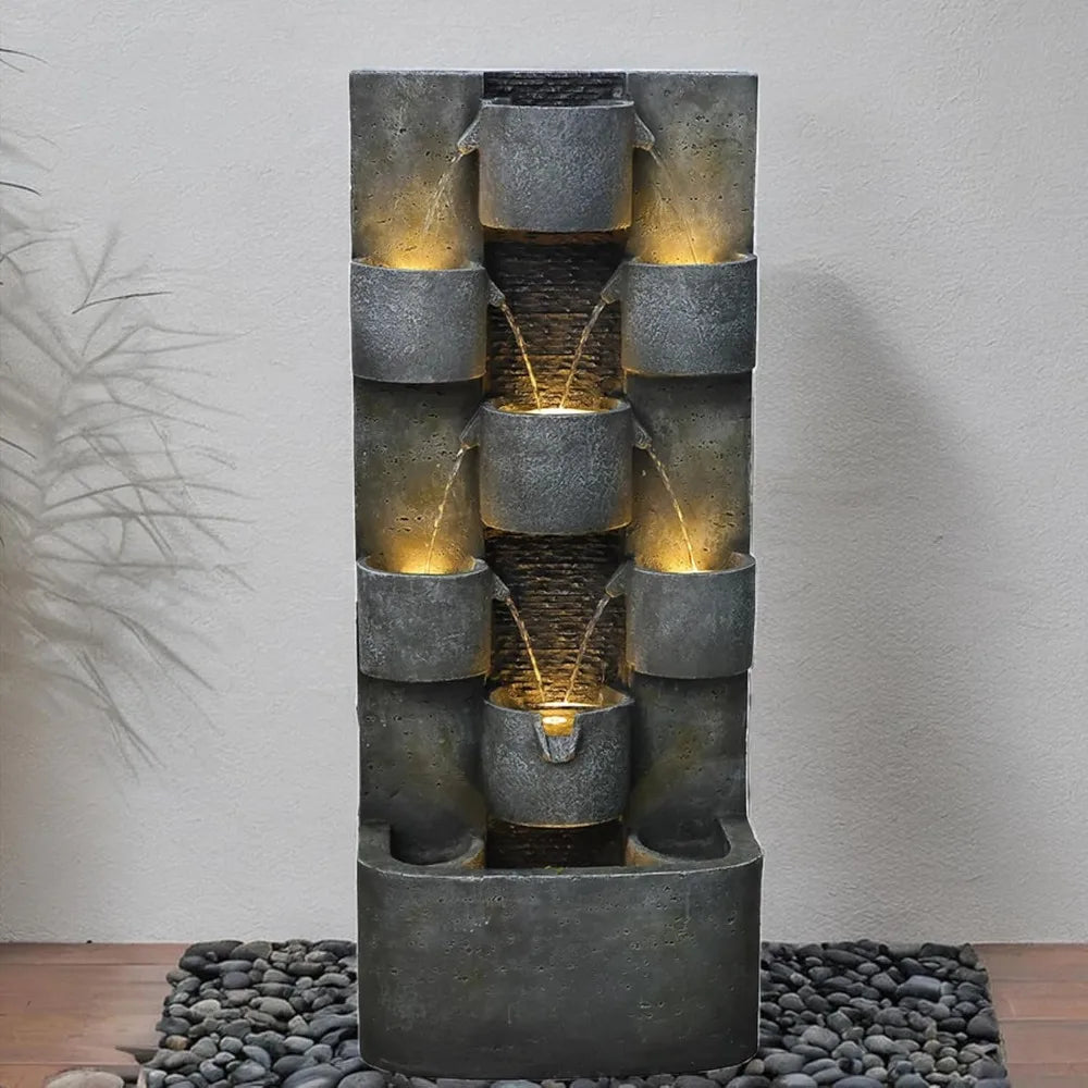 45 Inch Outdoor Water Fountain Garden Large Cascading Waterfall Freestanding Water Feature with Lights for Patio and Backyard