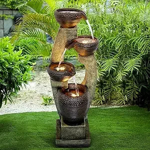 40 Inch Modern Outdoor Fountain with Four Crocks Contemporary Design for Garden Patio Deck and Porch