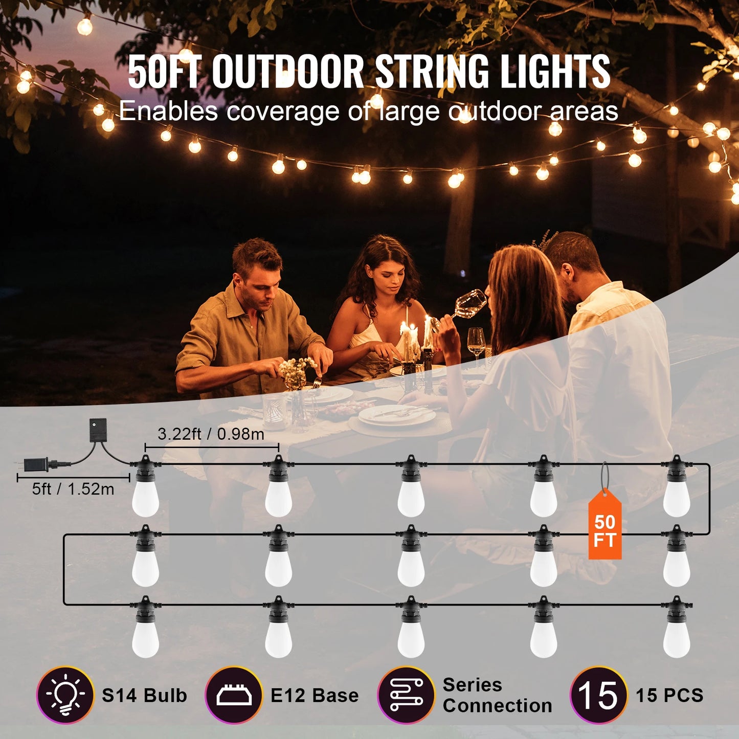 VEVOR RGB Outdoor String Lights with App Control 15 Adjustable Brightness Waterproof Hanging Lights