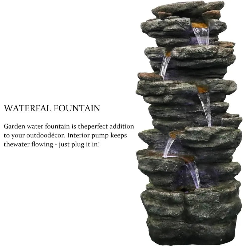 40 Inch High 6 Tiers Cascading Rock Outdoor Water Fountain with LED Lights Large Outdoor Fountains and Waterfalls