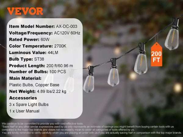 VEVOR LED Outdoor String Lights Dimmable 2700K Waterproof Hanging Lights for Patio Porch Backyard Garden Balcony