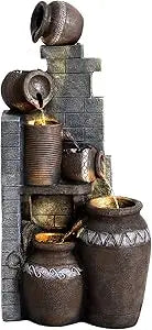 39.3 Inch Tall Outdoor Water Fountain Garden Waterfalls with LED Lights 6 Tier Modern Indoor Outdoor Floor Standing Design