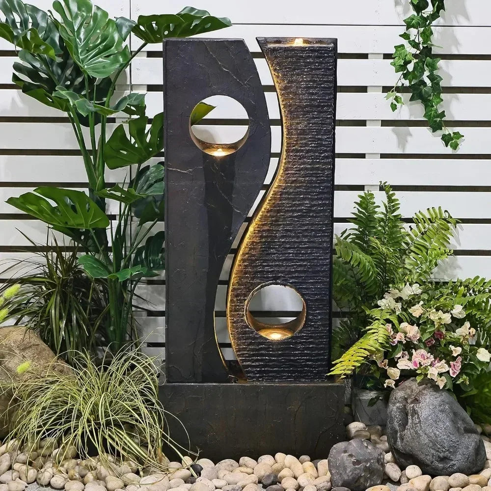 Outdoor Water Fountain Garden Feature - Large Freestanding Modern Waterfall Design with Faux Rust Finish