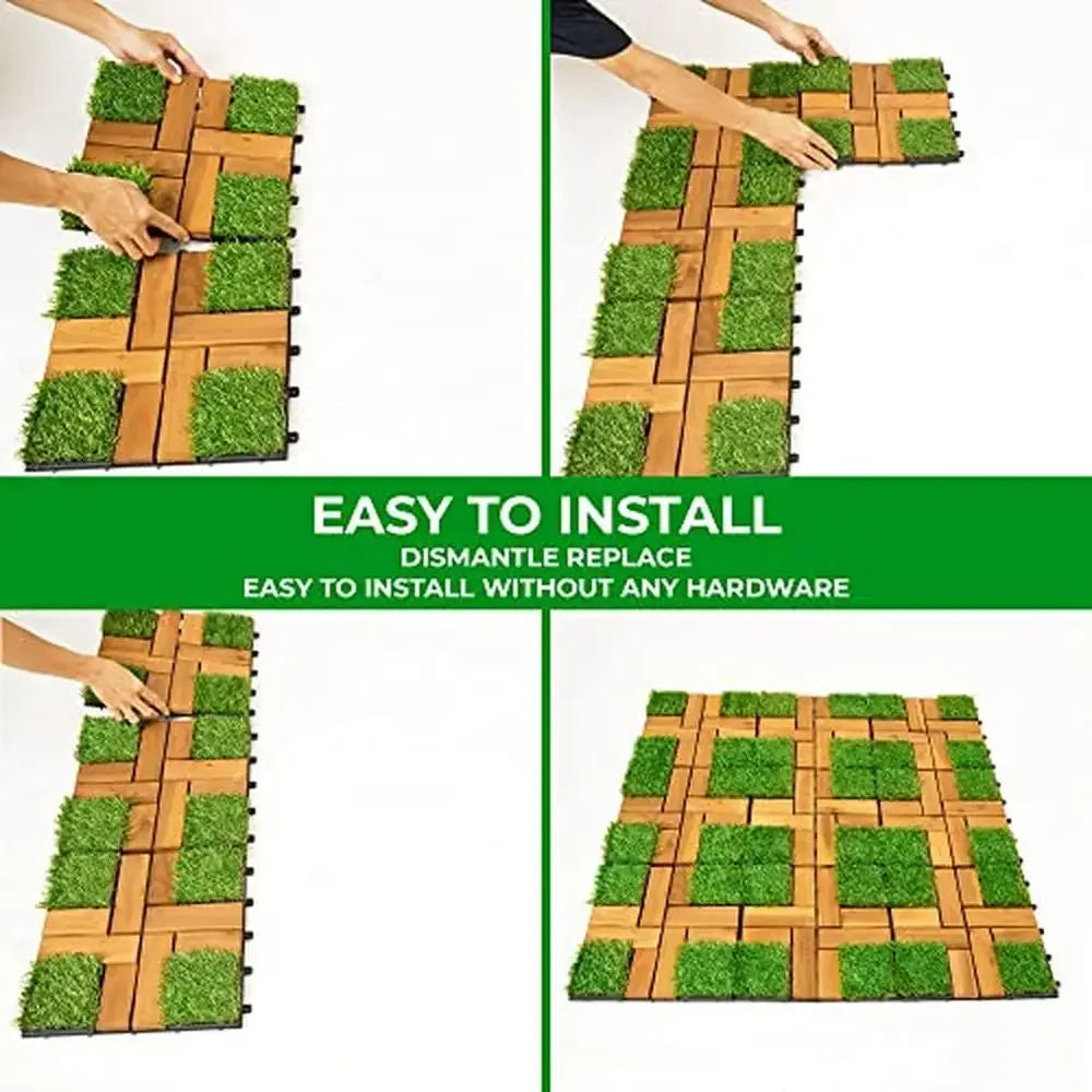 12 Inch by 12 Inch Artificial Grass Tiles Acacia Wood Deck Home Patio Kitchen Outdoor Garden Decor Set of 9 Tiles Natural Feel Soft