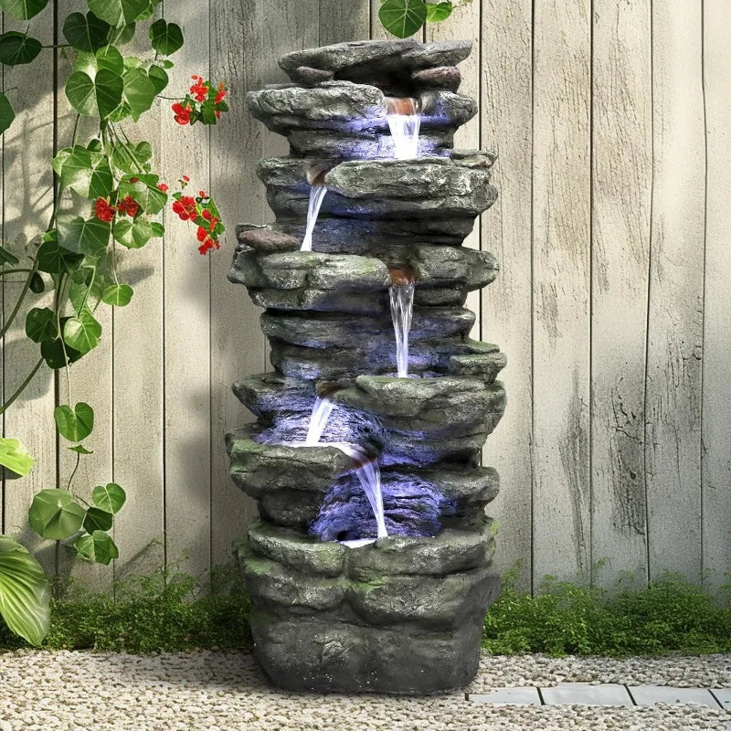 40 Inch High 6 Tiers Cascading Rock Outdoor Water Fountain with LED Lights Large Outdoor Fountains and Waterfalls