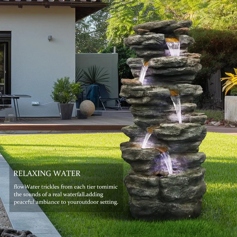 40 Inch High 6 Tiers Cascading Rock Outdoor Water Fountain with LED Lights Large Outdoor Fountains and Waterfalls