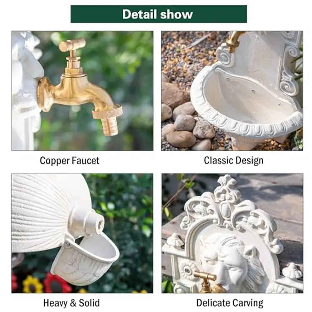 Cast Iron Wall Water Fountain Lion Decor Heavy Duty Mounted Garden Faucet Basin Rome Style Decorative Sink Outdoor Patio Porch