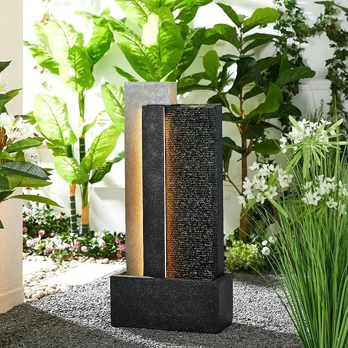 40 Inch Tall Oversized Sculpture Waterfall Fountain with LED Lights Submersible Pump for Garden Terrace Outdoor Use