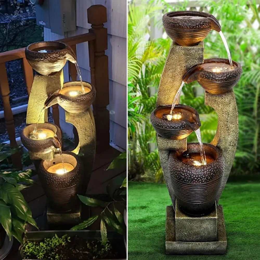 40 Inch Modern Outdoor Fountain with Four Crocks Contemporary Design for Garden Patio Deck and Porch