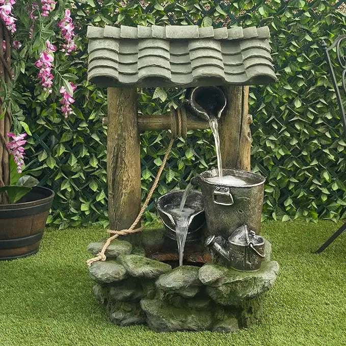 50 Inch Floor Standing Fountain Rustic Soothing Well Outdoor Layered Waterfall Fountain for Gardens