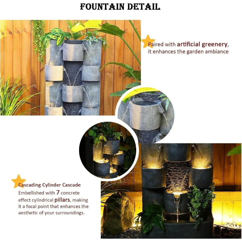 45 Inch Outdoor Water Fountain Garden Large Cascading Waterfall Freestanding Water Feature with Lights for Patio and Backyard