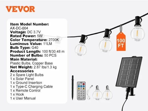 VEVOR LED Outdoor String Lights Dimmable 2700K Waterproof Hanging Lights for Patio Porch Backyard Garden Balcony