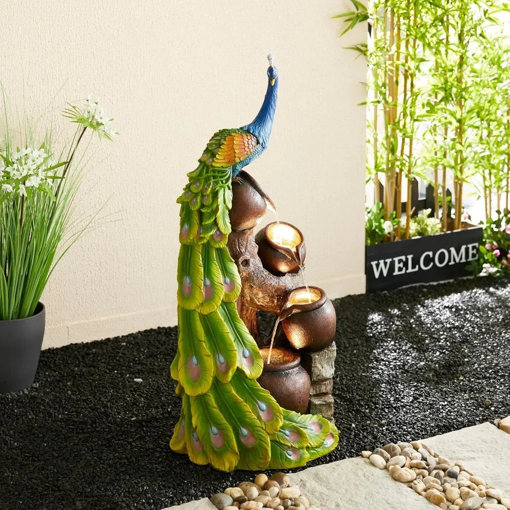 40 Inch Tall Oversized Sculpture Waterfall Fountain with LED Lights Submersible Pump for Garden Terrace Outdoor Use