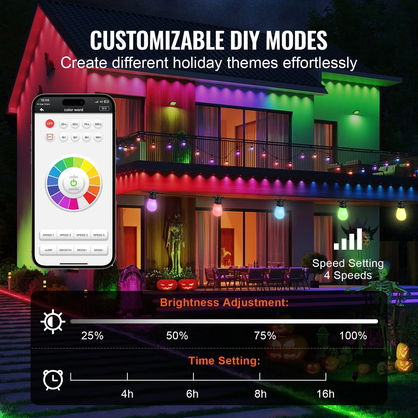 VEVOR RGB Outdoor String Lights with App Control 15 Adjustable Brightness Waterproof Hanging Lights