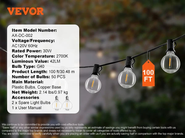 VEVOR LED Outdoor String Lights Dimmable 2700K Waterproof Hanging Lights for Patio Porch Backyard Garden Balcony