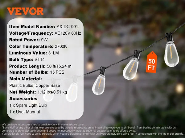 VEVOR LED Outdoor String Lights Dimmable 2700K Waterproof Hanging Lights for Patio Porch Backyard Garden Balcony