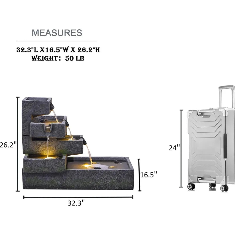 Tiered Water Fountain Outdoor Garden Freestanding Cascade Fountain Modern Concrete Artistry with LED Light