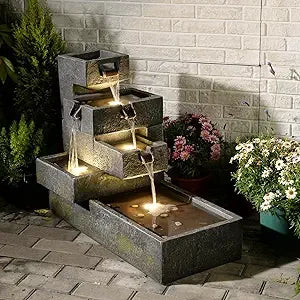 Tiered Water Fountain Outdoor Garden Freestanding Cascade Fountain Modern Concrete Artistry with LED Light