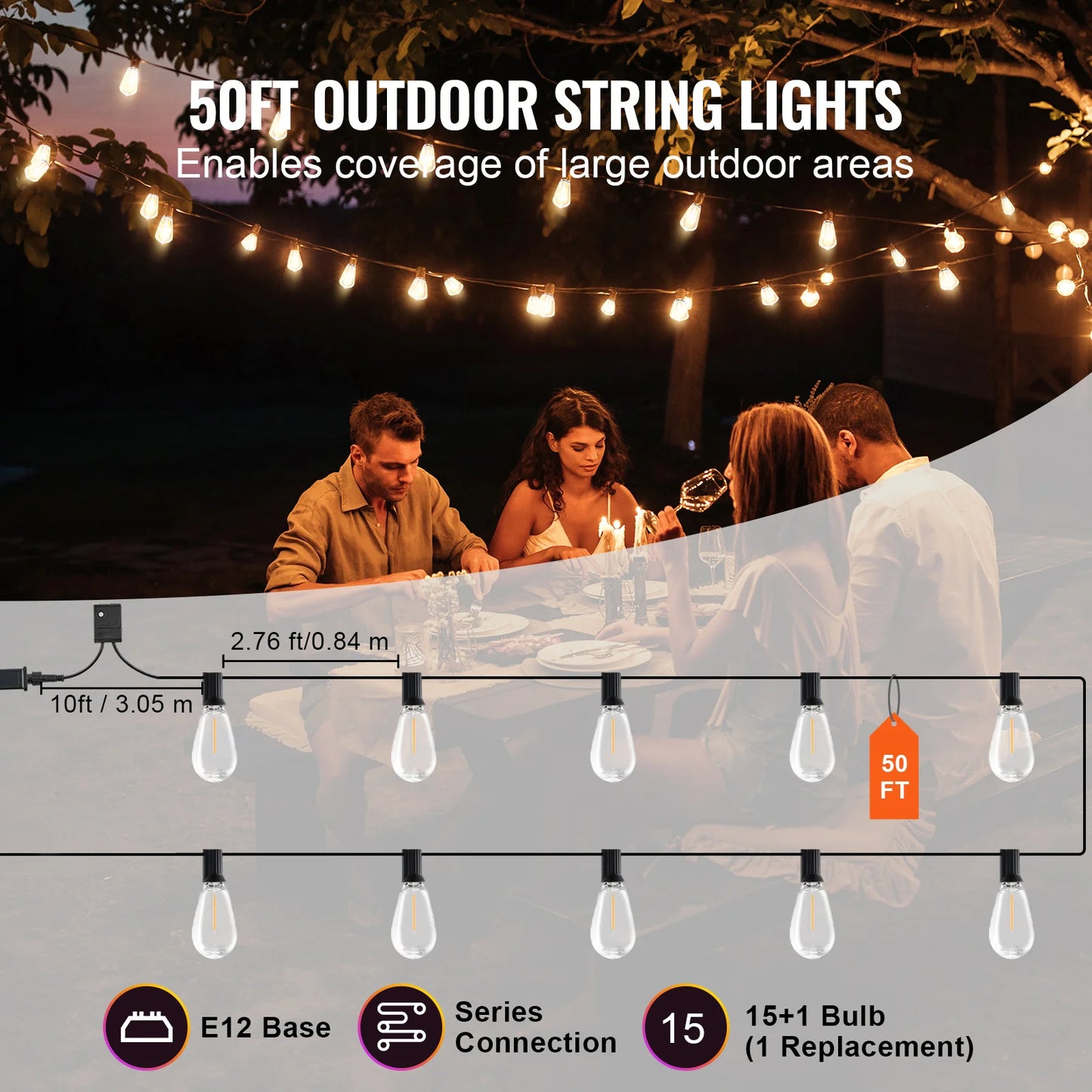 VEVOR LED Outdoor String Lights Dimmable 2700K Waterproof Hanging Lights for Patio Porch Backyard Garden Balcony