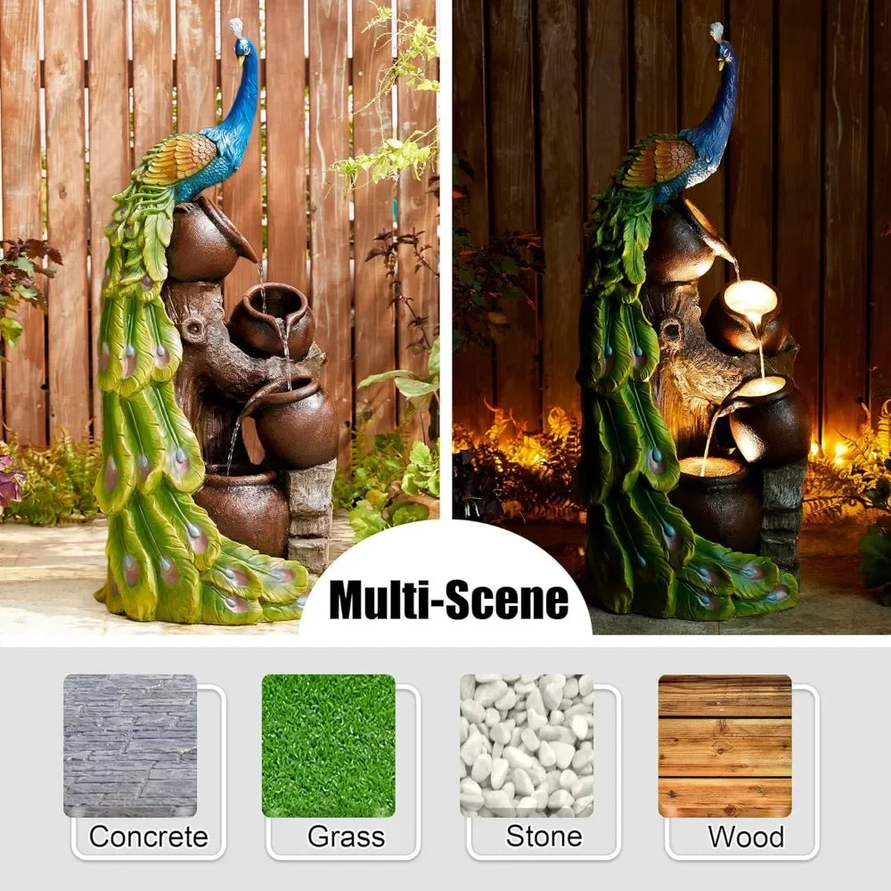 40 Inch Tall Oversized Sculpture Waterfall Fountain with LED Lights Submersible Pump for Garden Terrace Outdoor Use