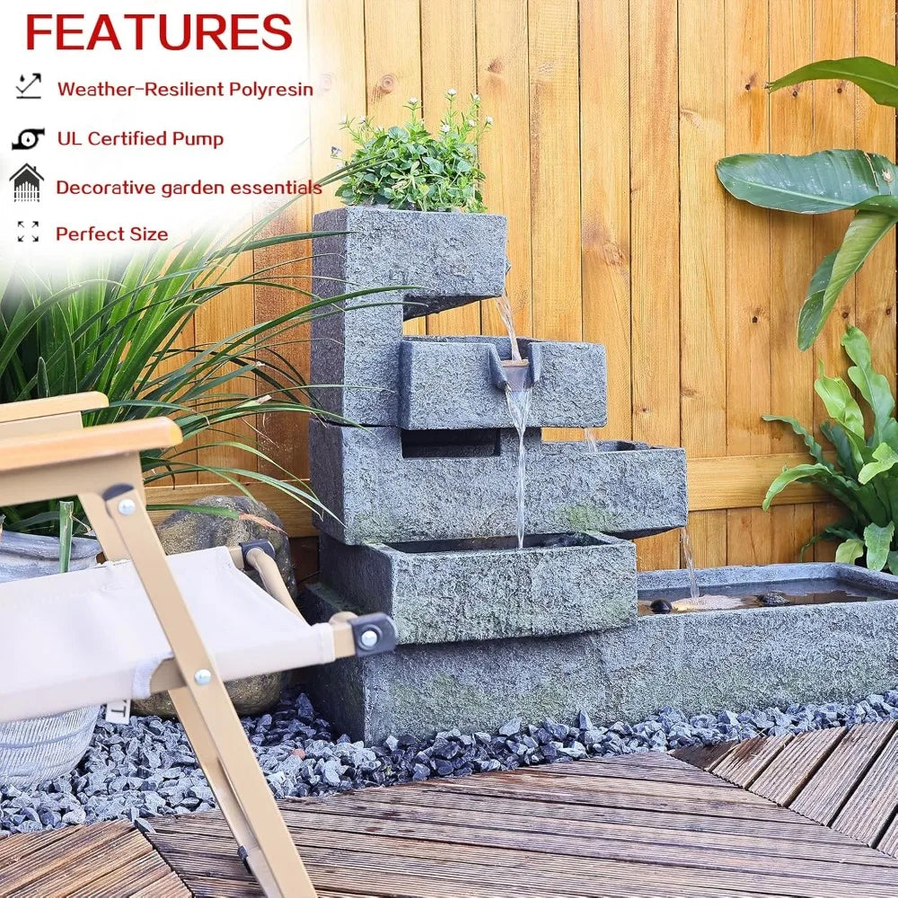 Tiered Water Fountain Outdoor Garden Freestanding Cascade Fountain Modern Concrete Artistry with LED Light