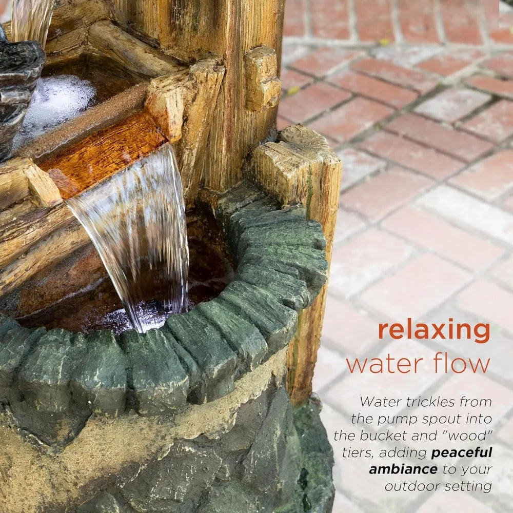 50 Inch Floor Standing Fountain Rustic Soothing Well Outdoor Layered Waterfall Fountain for Gardens