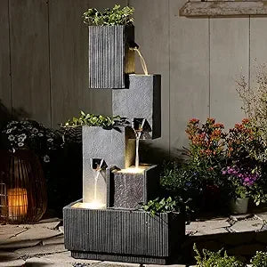 45 Inch Outdoor Water Fountain Garden Large Cascading Waterfall Freestanding Water Feature with Lights for Patio and Backyard