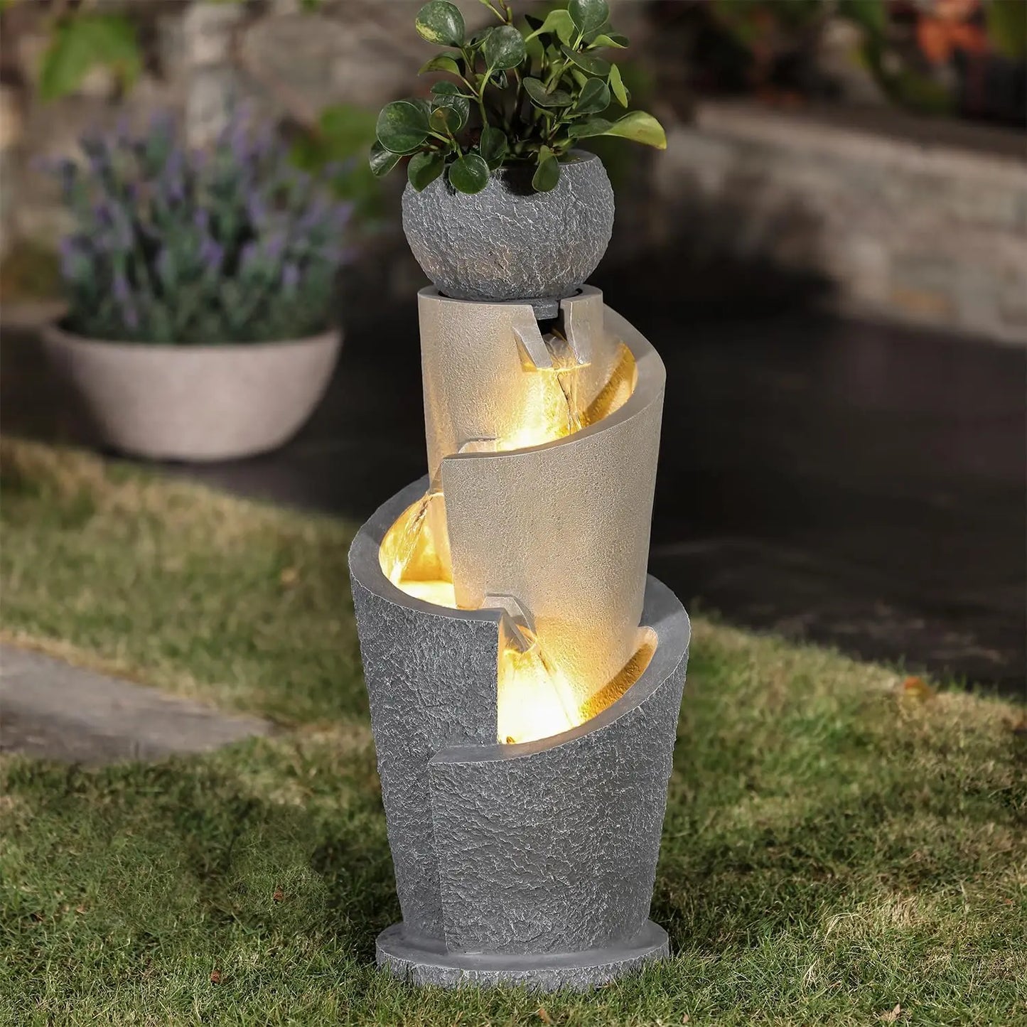 Resin Cascading Spiral Outdoor Patio Garden Fountain with Lights for Backyard Deck and Lawn