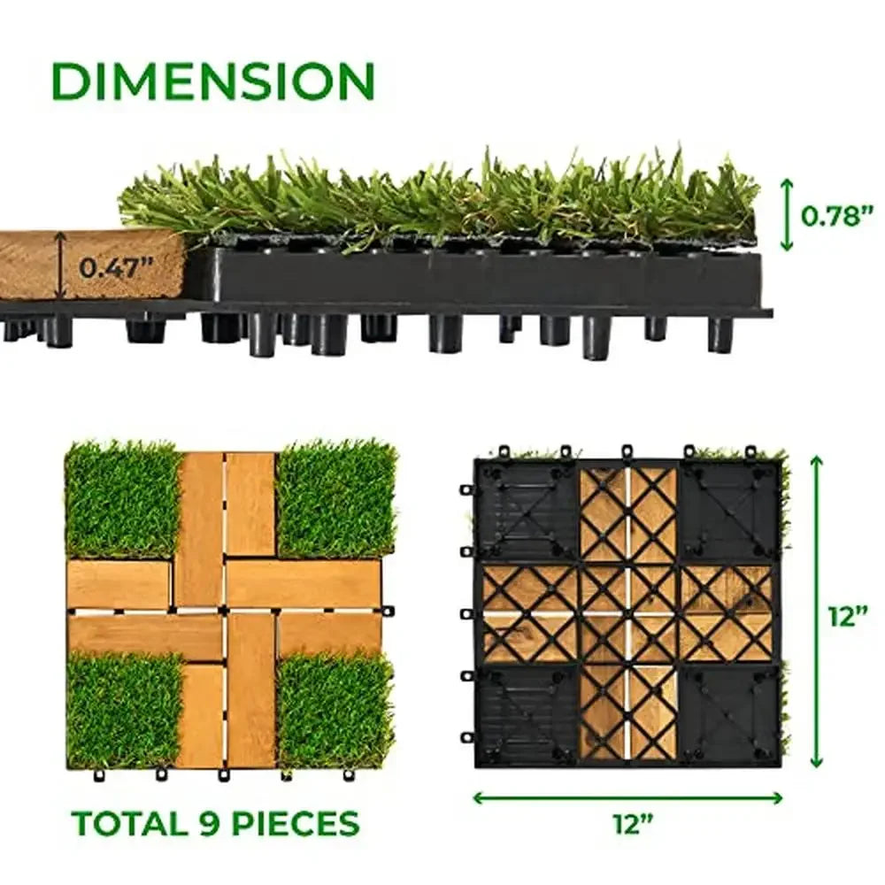 12 Inch by 12 Inch Artificial Grass Tiles Acacia Wood Deck Home Patio Kitchen Outdoor Garden Decor Set of 9 Tiles Natural Feel Soft
