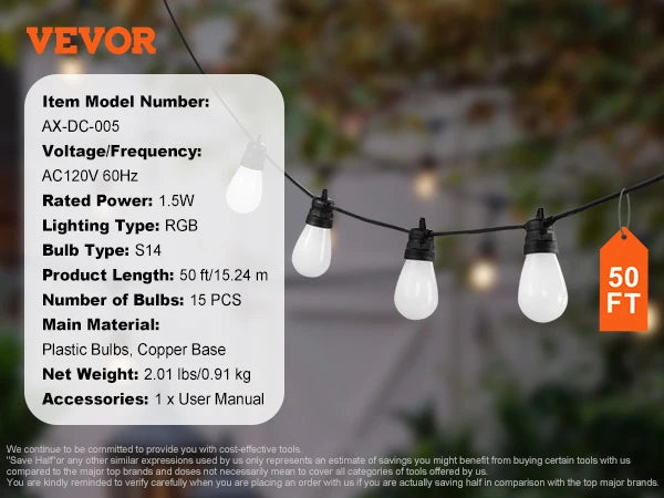 VEVOR RGB Outdoor String Lights with App Control 15 Adjustable Brightness Waterproof Hanging Lights