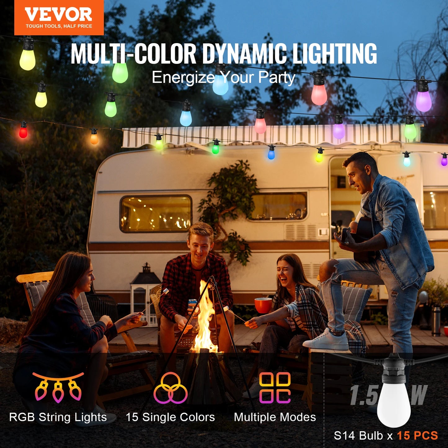 VEVOR RGB Outdoor String Lights with App Control 15 Adjustable Brightness Waterproof Hanging Lights