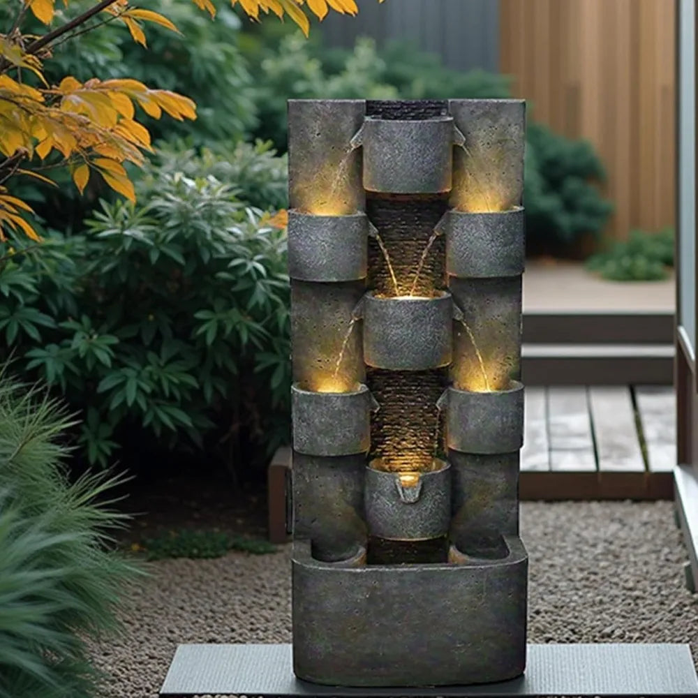 45 Inch Outdoor Water Fountain Garden Large Cascading Waterfall Freestanding Water Feature with Lights for Patio and Backyard