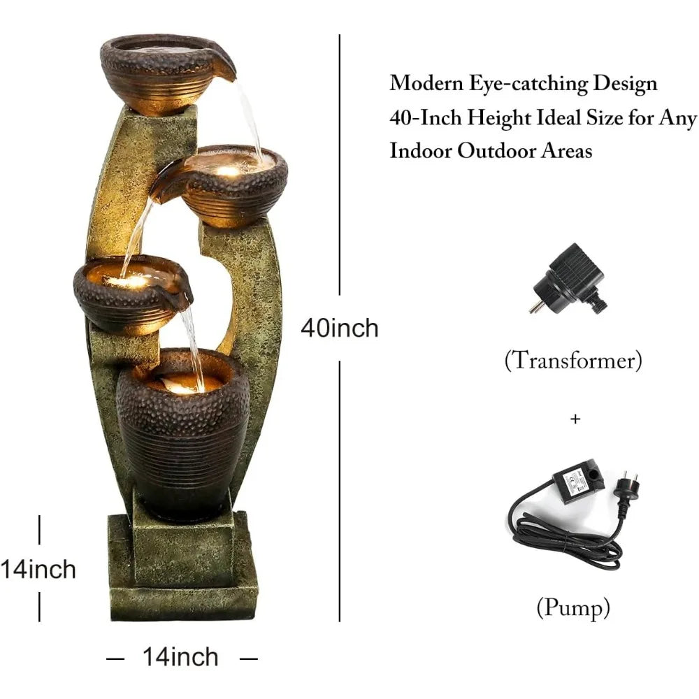 40 Inch Modern Outdoor Fountain with Four Crocks Contemporary Design for Garden Patio Deck and Porch