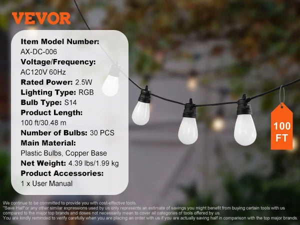 VEVOR RGB Outdoor String Lights with App Control 15 Adjustable Brightness Waterproof Hanging Lights