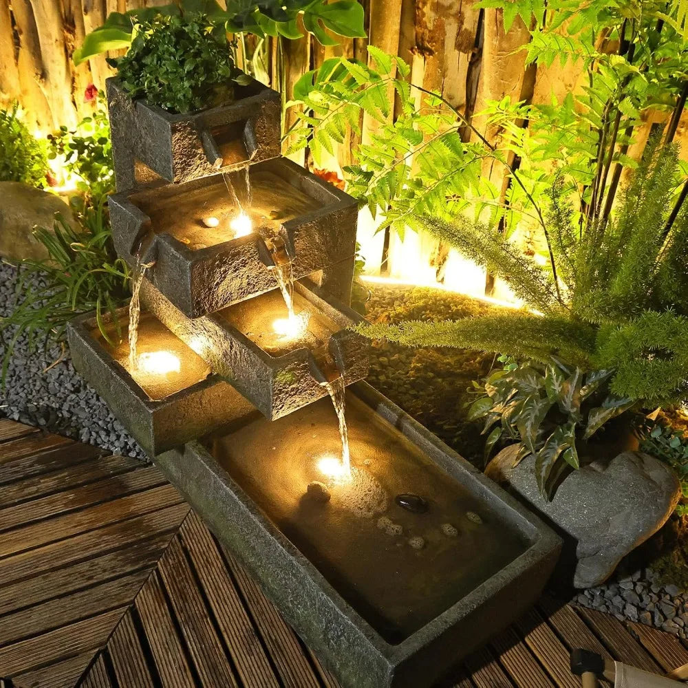 Tiered Water Fountain Outdoor Garden Freestanding Cascade Fountain Modern Concrete Artistry with LED Light